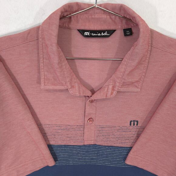 Travis Mathew Polo Mens XXL Red Navy Heather Stripe Logo Short Sleeve Golf Shirt - Picture 2 of 9